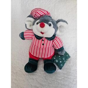 Vintage Christmas Gray Mouse Plush Toy Wearing Striped Pajamas & Pillow 11.5"